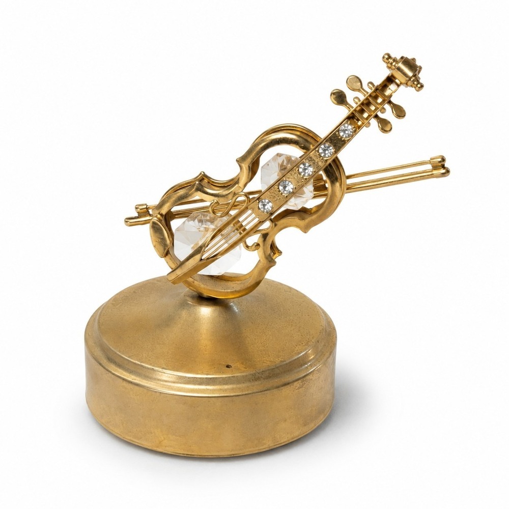 Mascot Int'l 1996 Violin Music Box 24K Gold Plated Austrian Crystal Wind Up Figu